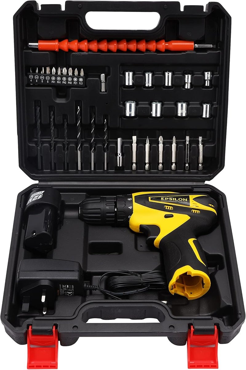 إبسلون مثقاب لاسلكي 12 فولت - Ecd1037 مقاس المقبض 10 مم، مثالي للمنزل والعمل، سرعة بدون تحميل 0-400/0-1400 دورة في الدقيقة، يتضمن ملحقات باللونين الأسود والأصفر - Image 2