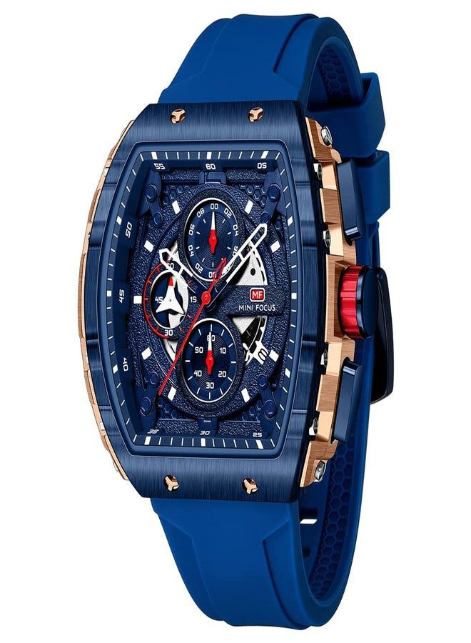 MF MINI FOCUS Men's Watch Fashion Tonneau Wrist Watches (Chronograph/Waterproof/Luminous/Calendar) Silicon Strap Quartz Watch for Men, Blue_Golden, Chronograph,Quartz Watch - Image 1