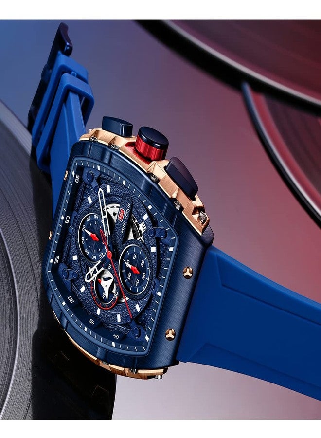 MF MINI FOCUS Men's Watch Fashion Tonneau Wrist Watches (Chronograph/Waterproof/Luminous/Calendar) Silicon Strap Quartz Watch for Men, Blue_Golden, Chronograph,Quartz Watch - Image 2