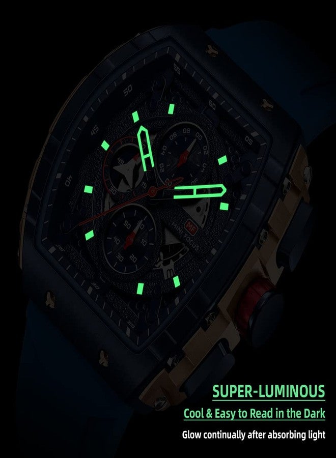 MF MINI FOCUS Men's Watch Fashion Tonneau Wrist Watches (Chronograph/Waterproof/Luminous/Calendar) Silicon Strap Quartz Watch for Men, Blue_Golden, Chronograph,Quartz Watch - Image 4