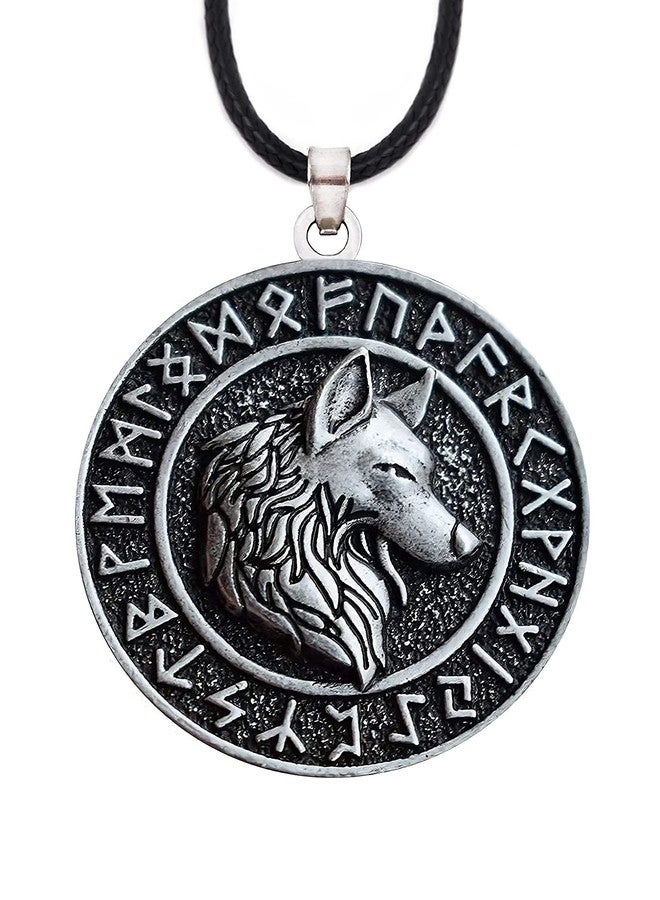 HAQUIL Viking Wolf Necklace, Viking Ancient Runes Medallion with Fenrir Wolf Head Pendant, Faux Leather Cord, Norse Necklace for Men (AD) - Image 2