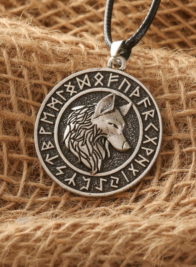 HAQUIL Viking Wolf Necklace, Viking Ancient Runes Medallion with Fenrir Wolf Head Pendant, Faux Leather Cord, Norse Necklace for Men (AD) - Image 4