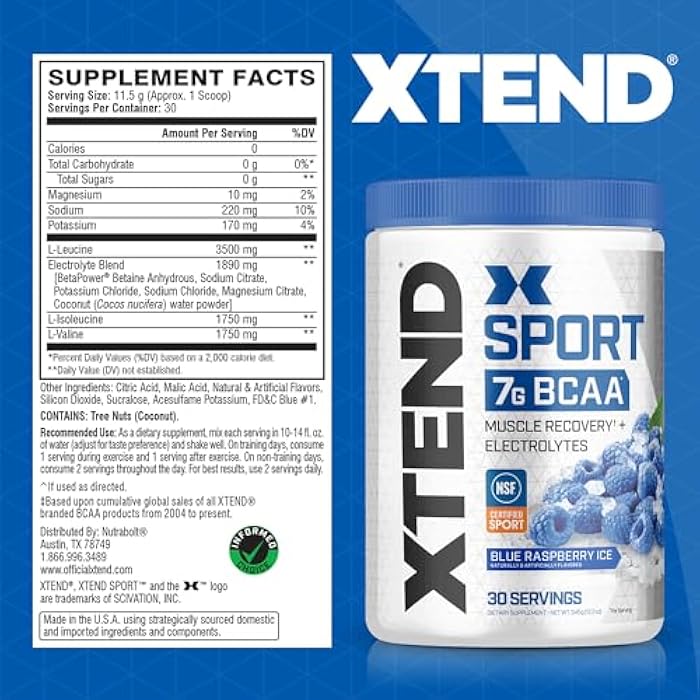 SCIVATION XTEND Sport BCAA Powder Blue Raspberry Ice - Electrolyte Powder for Recovery & Hydration with Amino Acids - 30 Servings - Image 2