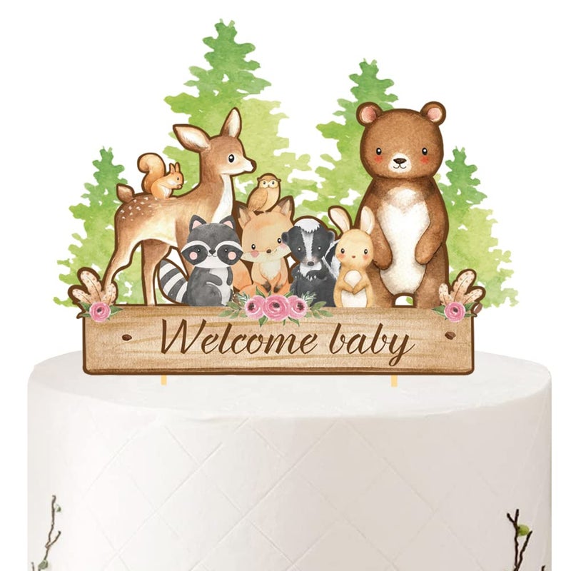 Aukolass Woodland Animals Cake Topper Welcome Baby Theme Super Cute Zoo Cake Picks for Woodland Animal Party Supplies Decorations - Image 3