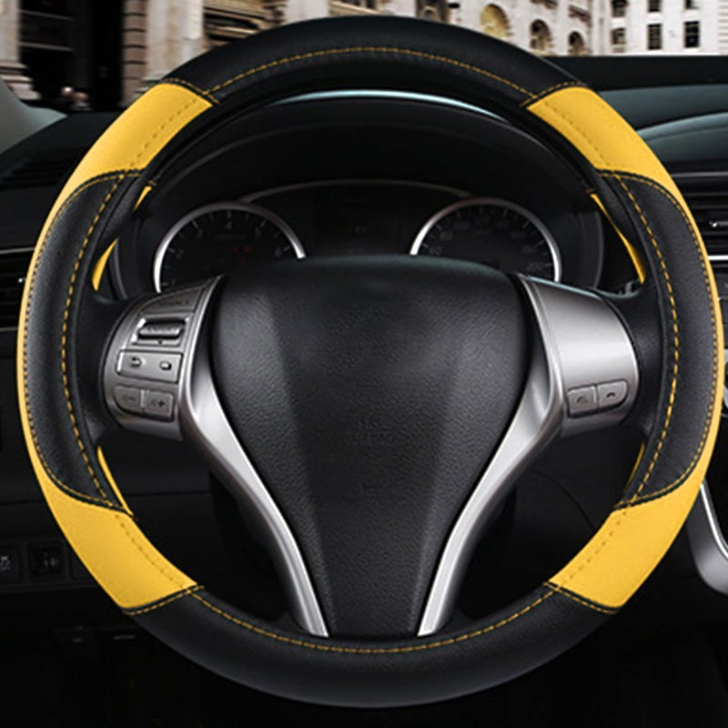 szttswamp Leather Car Steering Wheel Cover, Non-Slip Car Wheel Cover Protector Breathable Microfiber Leather Universal Fit for Most Cars (Black&Yellow) - Image 4