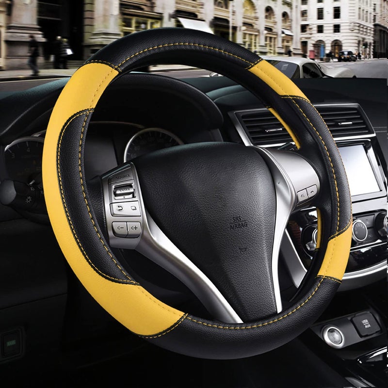 szttswamp Leather Car Steering Wheel Cover, Non-Slip Car Wheel Cover Protector Breathable Microfiber Leather Universal Fit for Most Cars (Black&Yellow) - Image 1