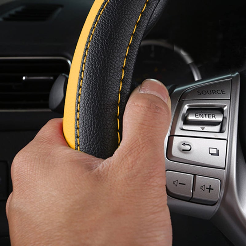 szttswamp Leather Car Steering Wheel Cover, Non-Slip Car Wheel Cover Protector Breathable Microfiber Leather Universal Fit for Most Cars (Black&Yellow) - Image 5