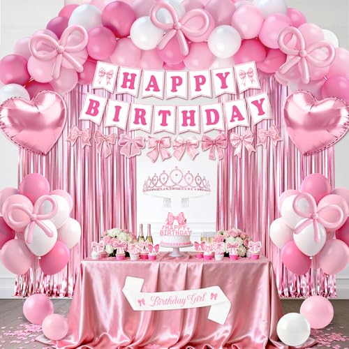 REDWORD Pink Bow Birthday Decorations 73PCs Coquette Birthday Decorations BIRTHDAY GIRL Sash and Tiara Balloons Fringe Curtains Banner Bows Garland and Cake Toppers for Women Girls Pink Theme Party Supplies - Image 1