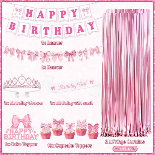 REDWORD Pink Bow Birthday Decorations 73PCs Coquette Birthday Decorations BIRTHDAY GIRL Sash and Tiara Balloons Fringe Curtains Banner Bows Garland and Cake Toppers for Women Girls Pink Theme Party Supplies - Image 5