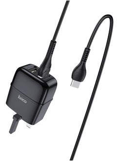 hoco. C77B Wall charger Dual Port Charger UK plug set with 1M Type-C cable  Black  - Image 1