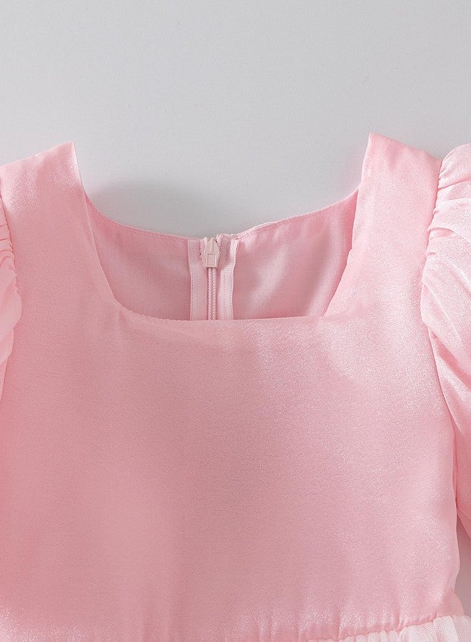 Tutu.kk Toddler Girls Tulle Dress Puff Short Sleeve Square Neck Flower Girl Dress for Birthday Party Pink 4-5T - Image 4