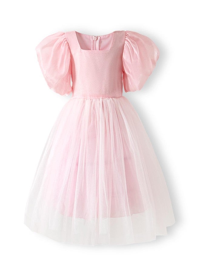 Tutu.kk Toddler Girls Tulle Dress Puff Short Sleeve Square Neck Flower Girl Dress for Birthday Party Pink 4-5T - Image 1