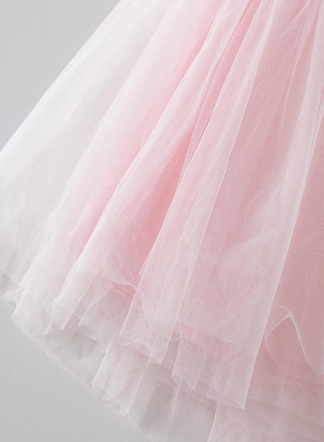 Tutu.kk Toddler Girls Tulle Dress Puff Short Sleeve Square Neck Flower Girl Dress for Birthday Party Pink 4-5T - Image 2