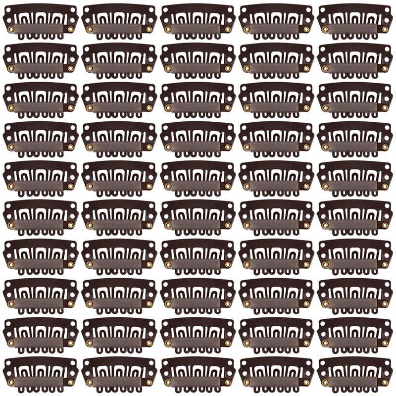 50 Pcs Metal UShape Snap Clips 28mm 6Teeth Wig Clips with Rubber for Hair Extensions Hairpieces Dark Brown