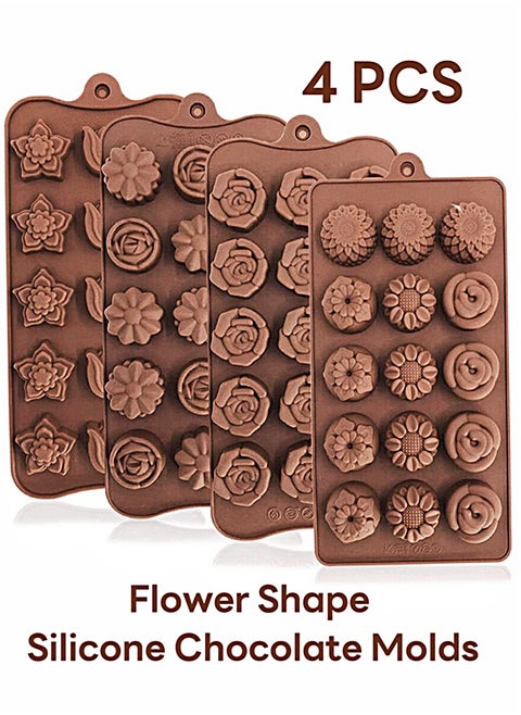 4 Pack Flower Shape Silicone Chocolate Molds,15-Cavities Food Grade Silicone Candy Molds Non-Stick Chocolate Mold Baking Molds for Cake Toppers,Ice Cubes,Jello for Wedding Party