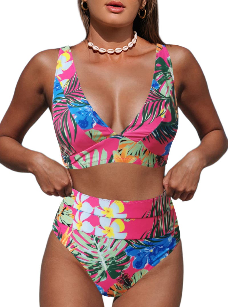 Hilinker Women's Leopard Bikini Swimsuits V Neck High Waisted 2 Piece Bathing Suit (as1, Alpha, m, Regular, Regular, Hot Pink Floral) - Image 1