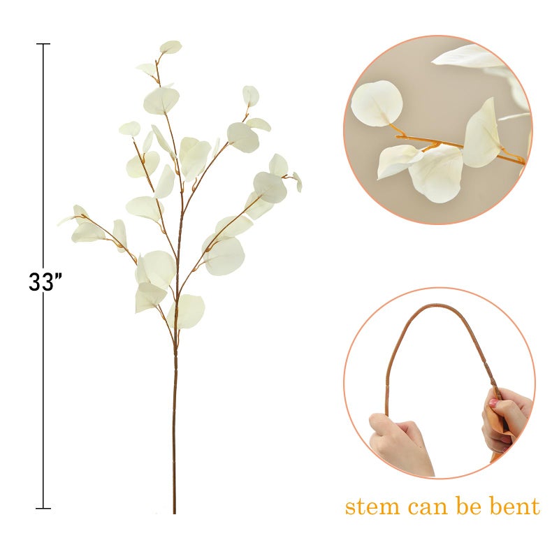 FuleHouzz 3 PCS Artificial Eucalyptus Stems Long 33" Fake Eucalyptus Leaves Branches for Vase Home Wedding Party Decorations, Cream White - Image 2