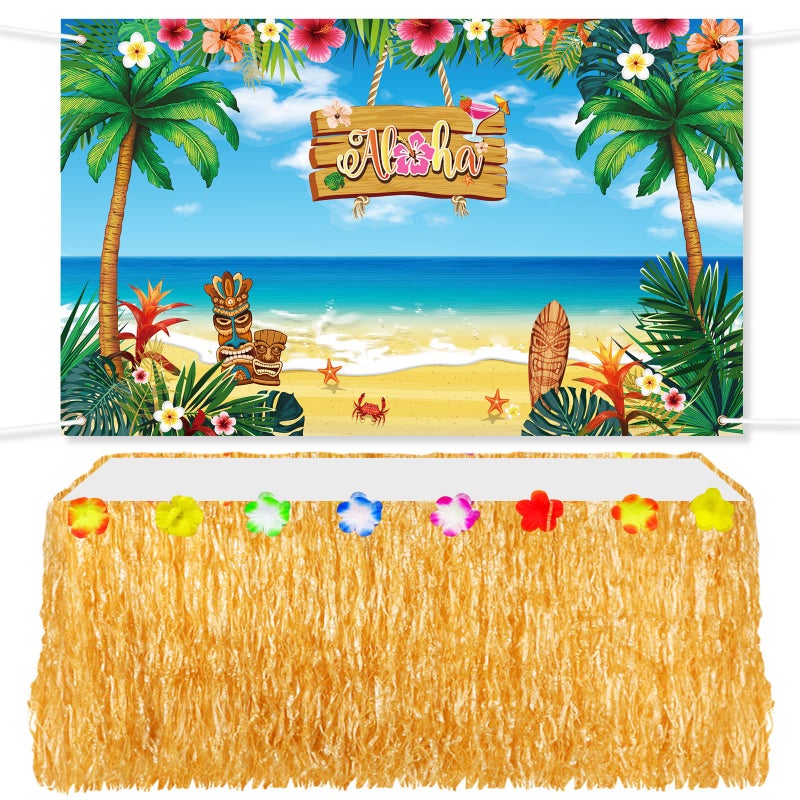 Remagr 2 Pcs Hawaiian Aloha Backdrop Luau Grass Table Skirt Set Halloween Table Skirt Set Party Backdrop Hawian Theme Birthday Supplies for Hawaiian Luau Birthday Halloween Indoor Outdoor Decorations - Image 2