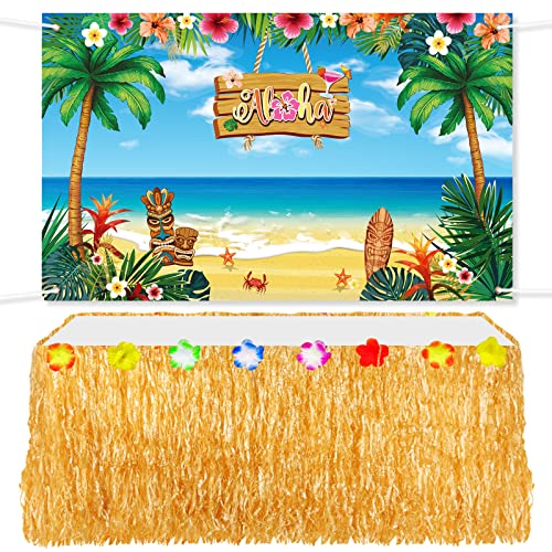 Remagr 2 Pcs Hawaiian Aloha Backdrop Luau Grass Table Skirt Set Halloween Table Skirt Set Party Backdrop Hawian Theme Birthday Supplies for Hawaiian Luau Birthday Halloween Indoor Outdoor Decorations - Image 1