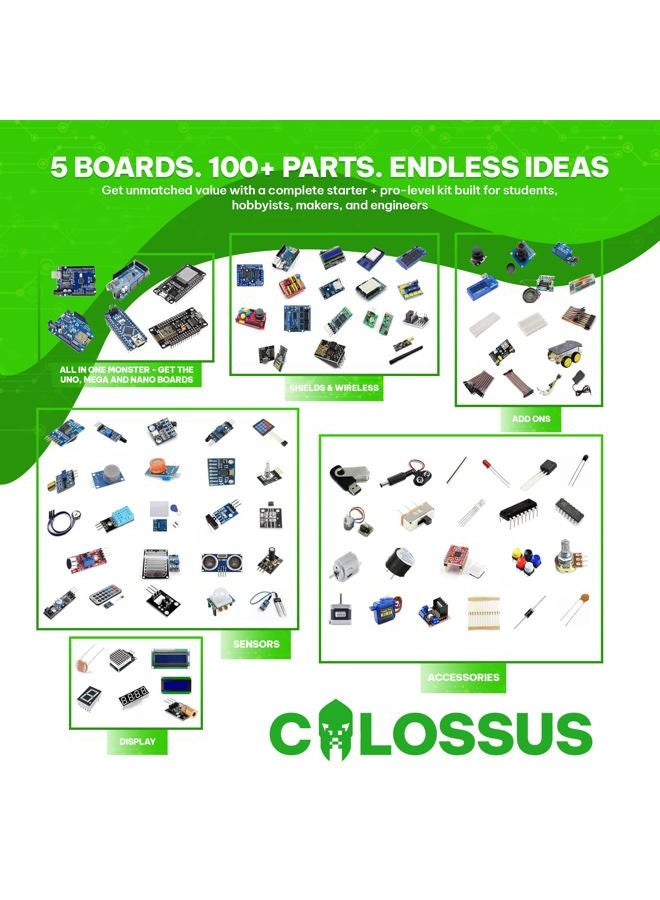 GAR Colossus Starter Kit for Arduino Uno Mega Nano - Complete Advanced Set, 5 Main Boards - 30 Sensors, 10 Shields with ESP32 WiFi + Bluetooth Modules for Wireless Robotics Smart Car - Image 3