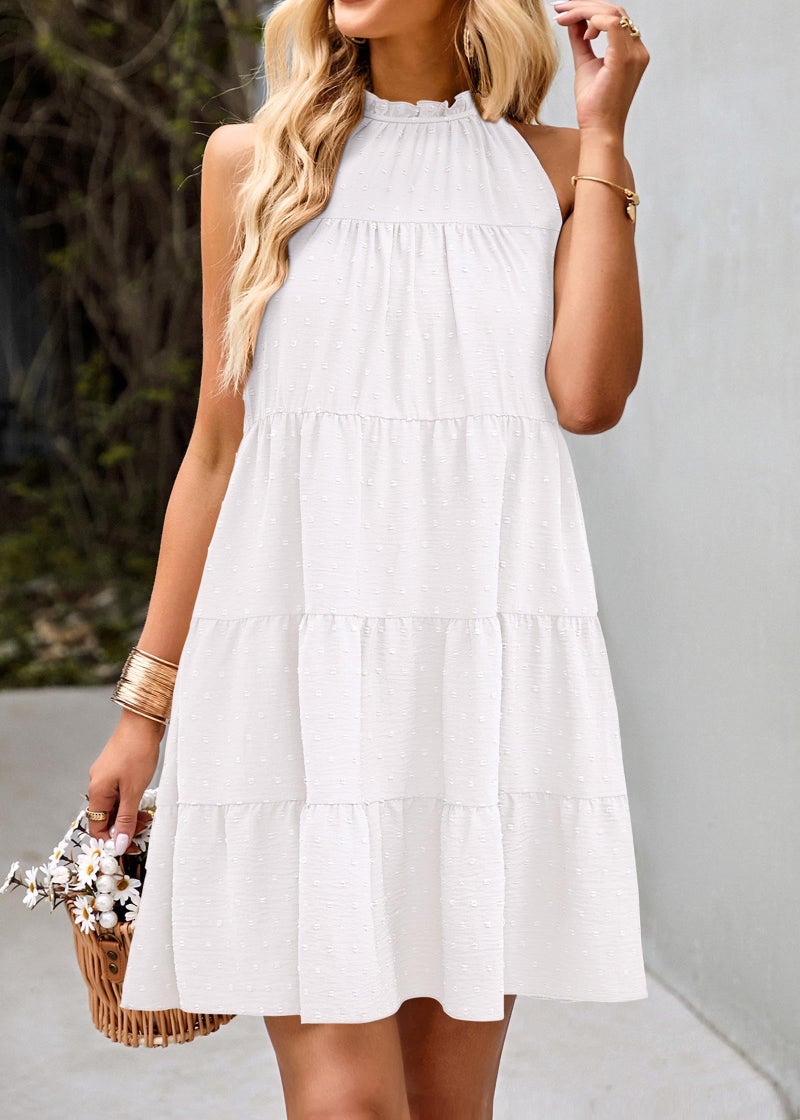 KIRUNDO Summer Sundresses for Women Spring Halter Flowy Babydoll Tiered Pleated Beach Wedding Guest Vacation Cruise Dress(Dot-Beige White, Large) - Image 2