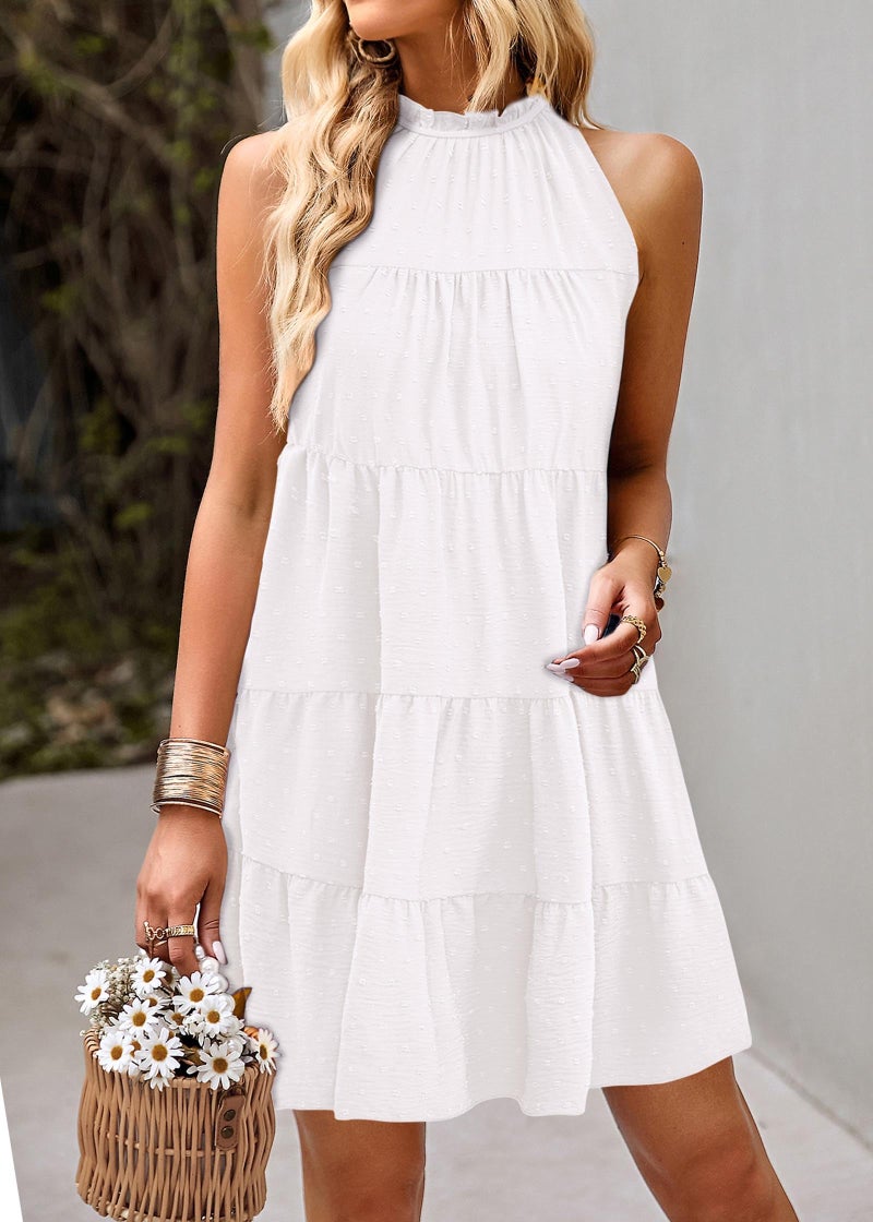KIRUNDO Summer Sundresses for Women Spring Halter Flowy Babydoll Tiered Pleated Beach Wedding Guest Vacation Cruise Dress(Dot-Beige White, Large) - Image 3