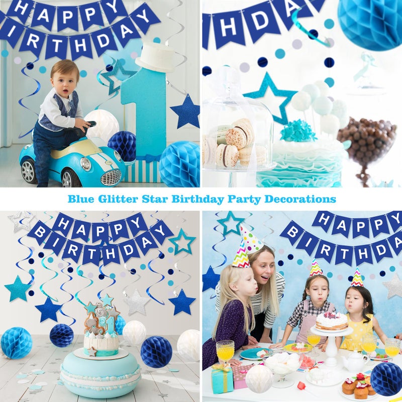 meowtastic Birthday Decorations, Happy Birthday Banner with Honeycomb Balls, Stars Hanging Swirl Streamers, Circle Dots Garland, Happy Birthday Party Decorations for Women Men Boys Girls (Blue) - Image 4
