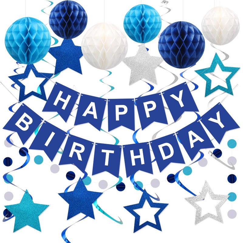 meowtastic Birthday Decorations, Happy Birthday Banner with Honeycomb Balls, Stars Hanging Swirl Streamers, Circle Dots Garland, Happy Birthday Party Decorations for Women Men Boys Girls (Blue) - Image 1