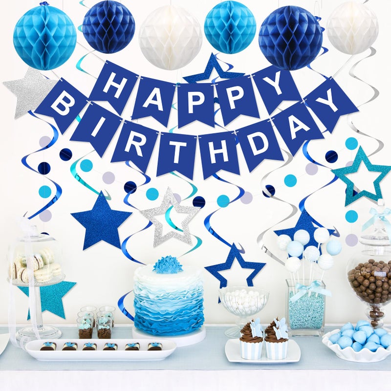 meowtastic Birthday Decorations, Happy Birthday Banner with Honeycomb Balls, Stars Hanging Swirl Streamers, Circle Dots Garland, Happy Birthday Party Decorations for Women Men Boys Girls (Blue) - Image 2
