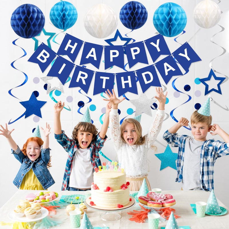 meowtastic Birthday Decorations, Happy Birthday Banner with Honeycomb Balls, Stars Hanging Swirl Streamers, Circle Dots Garland, Happy Birthday Party Decorations for Women Men Boys Girls (Blue) - Image 3