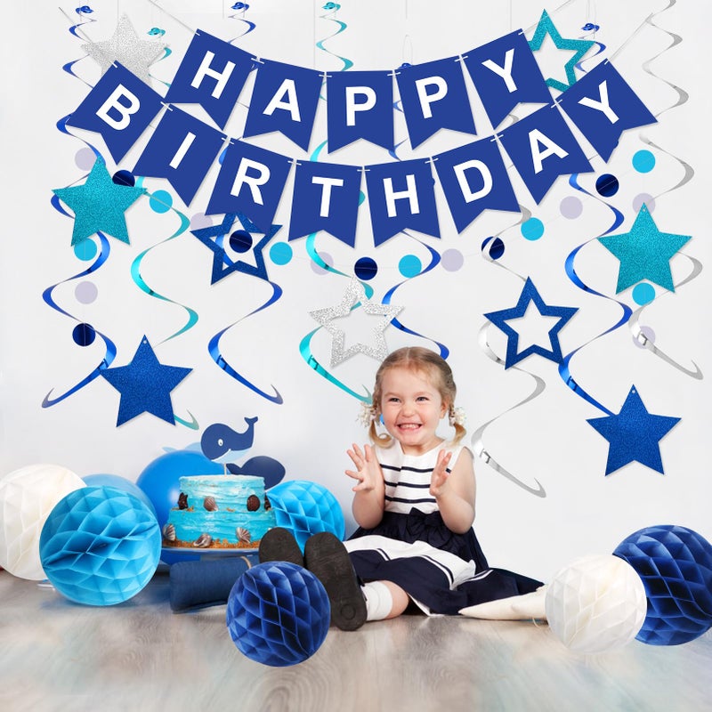 meowtastic Birthday Decorations, Happy Birthday Banner with Honeycomb Balls, Stars Hanging Swirl Streamers, Circle Dots Garland, Happy Birthday Party Decorations for Women Men Boys Girls (Blue) - Image 5