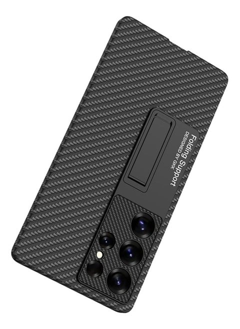 for Galaxy S25 S25 Plus S25 Ultra Hard PC+Leather Phone Case, Protective Cover with Adjustable Stand, Carbon Fiber Texture Lens Coverage Protection