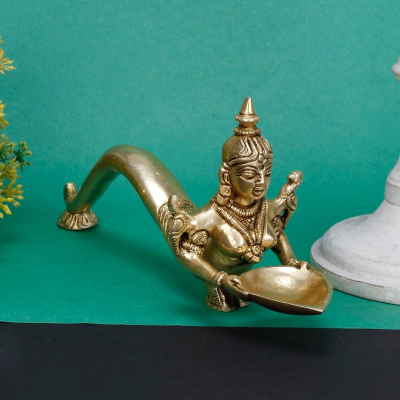 ARTVARKO Artvarko Brass Mermaid Naag Kanya Aarti Diya Holding an Oil Lamp with Handle 10 Inch 