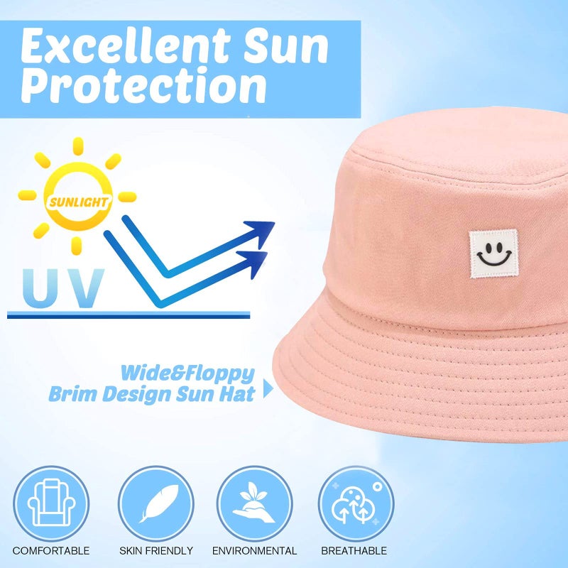 AJG Kids Sun Hat Smile Face Bucket Hat for Girls Boys Summer Sun Protection Cotton Unisex Beach Cap(Pink) - Image 4