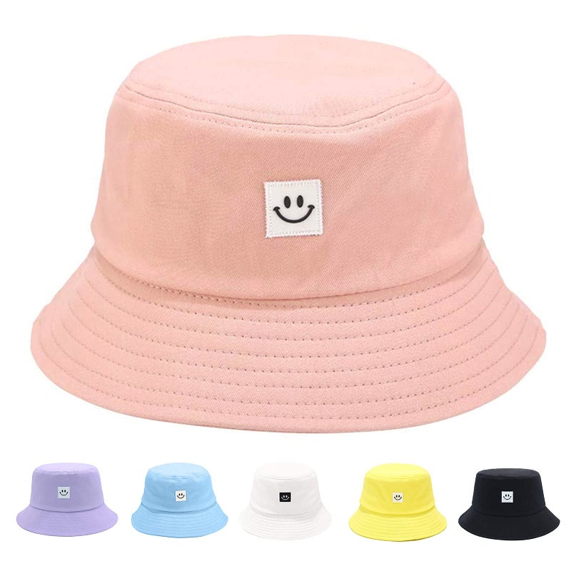 AJG Kids Sun Hat Smile Face Bucket Hat for Girls Boys Summer Sun Protection Cotton Unisex Beach Cap(Pink) - Image 1