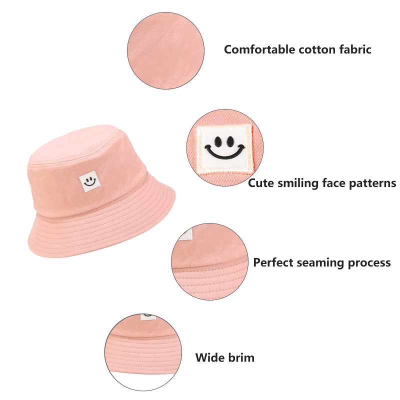 AJG Kids Sun Hat Smile Face Bucket Hat for Girls Boys Summer Sun Protection Cotton Unisex Beach Cap(Pink) - Image 3