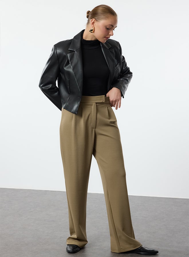 trendyol Dark Khaki Velcro Closure High Waist Pleated Wide Leg/Wide Cut Trousers - Image 2