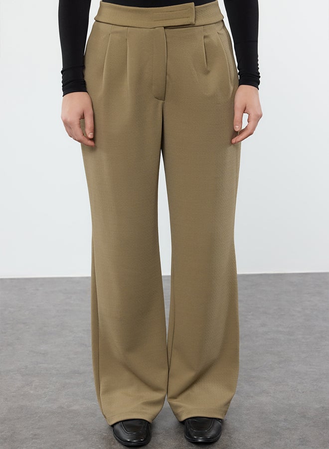 trendyol Dark Khaki Velcro Closure High Waist Pleated Wide Leg/Wide Cut Trousers - Image 3