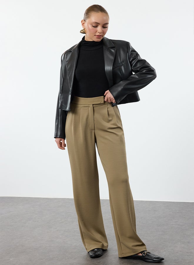 trendyol Dark Khaki Velcro Closure High Waist Pleated Wide Leg/Wide Cut Trousers - Image 1