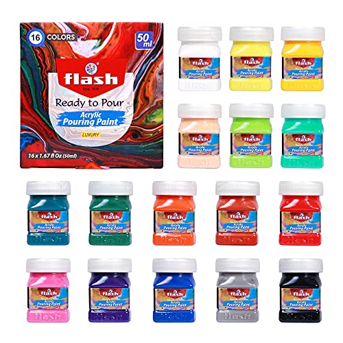 Flash Pouring Medium for Acrylic Painting-Fluid Art Kit-16 Colors High Flow Acrylic Paint Set For Pouring on Canvas Glass Paper Wood Tile Stones Etc-No Mixing Needed-50 ml each(1.6 Oz)-Multicolor - Image 1