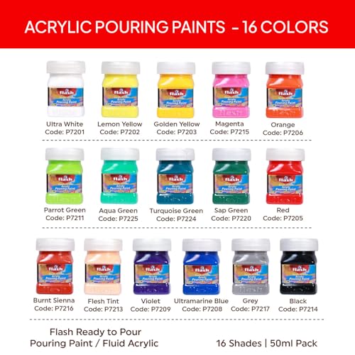 Flash Pouring Medium for Acrylic Painting-Fluid Art Kit-16 Colors High Flow Acrylic Paint Set For Pouring on Canvas Glass Paper Wood Tile Stones Etc-No Mixing Needed-50 ml each(1.6 Oz)-Multicolor - Image 3