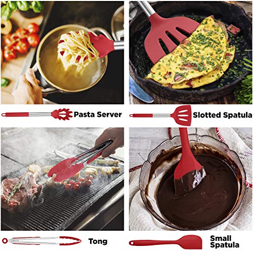 ORBLUE Silicone Cooking Utensil Set, 14-Piece Kitchen Utensils with Holder, Safe Food-Grade Silicone Heads and Stainless Steel Handles with Heat-Proof Silicone Handle Covers, Red - Image 2