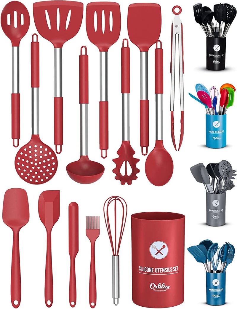 ORBLUE Silicone Cooking Utensil Set, 14-Piece Kitchen Utensils with Holder, Safe Food-Grade Silicone Heads and Stainless Steel Handles with Heat-Proof Silicone Handle Covers, Red - Image 1