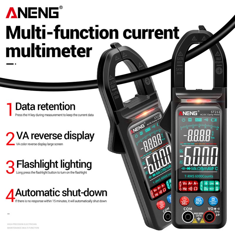 ANENG ST212 Clamp Meter Intelligent Digital Clamp Multimeter 6000 Counts Smart AC & DC Voltmeter 400A Ammeter VA Colored Display Auto Range Clamp Type Tester NCV Non-contact Voltage Measurer - Image 4