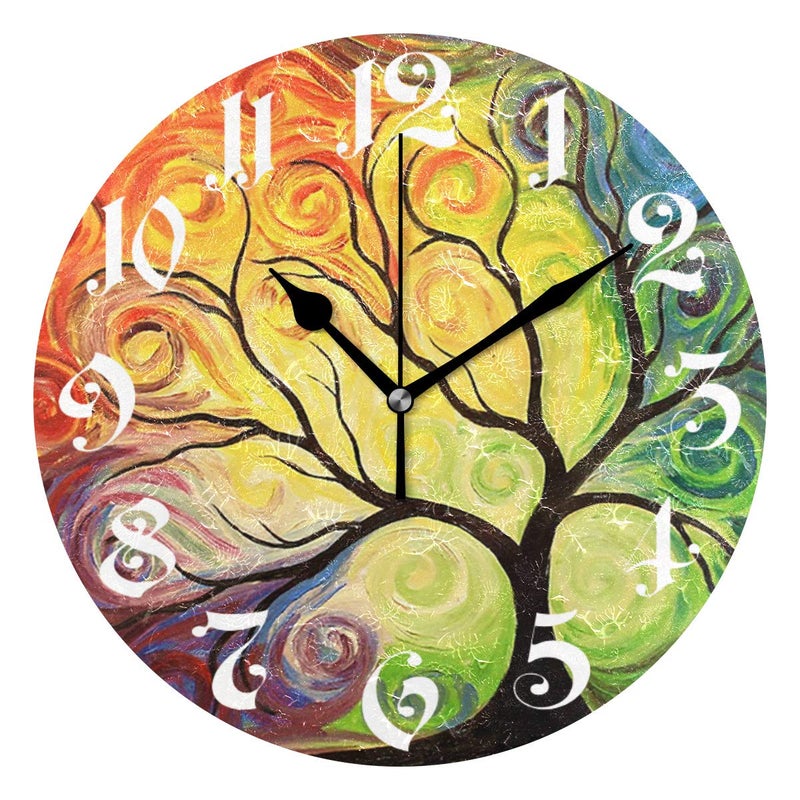 Wamika Wamika Wall Clock Tree of Life Rainbow Branch Leaves Seasonal Flowers Round Clock Silent Non Ticking Decorative Spring Summer Autumn Floral Clocks 10 Inch Battery Operated Quartz Quiet Desk Clock 