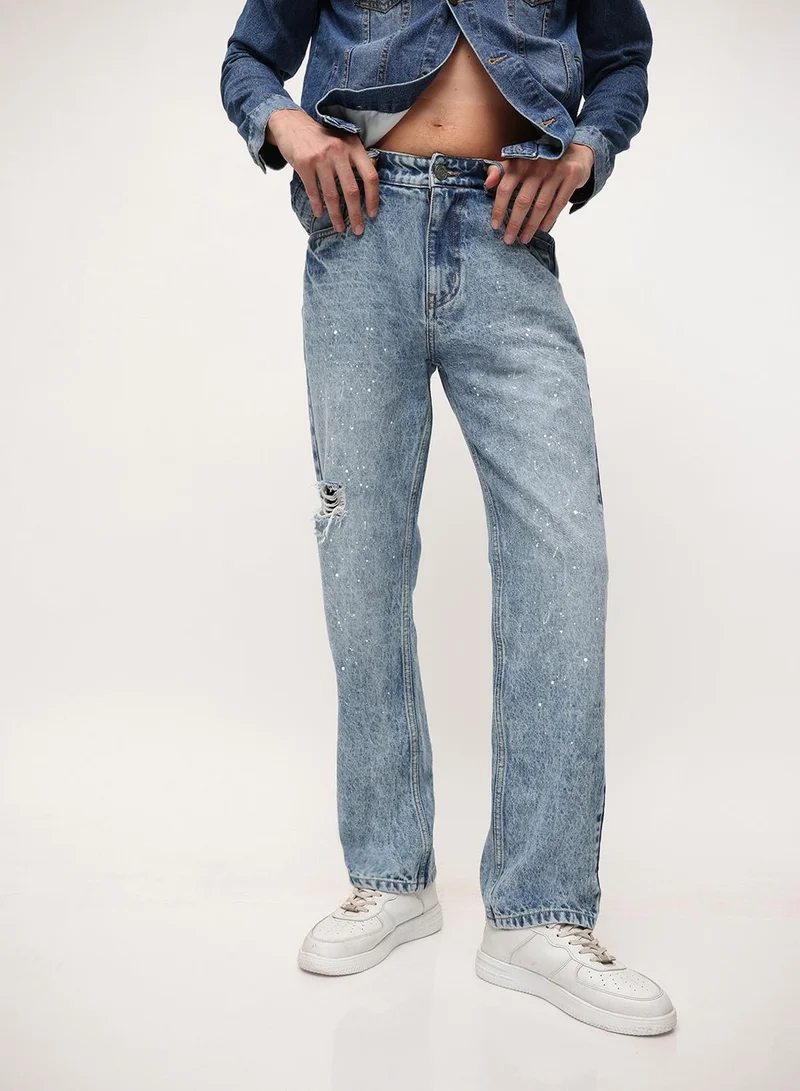 دينيس لينغو Blue 100% Cotton Washed Pattern Straight Fit Denim Jeans For Men