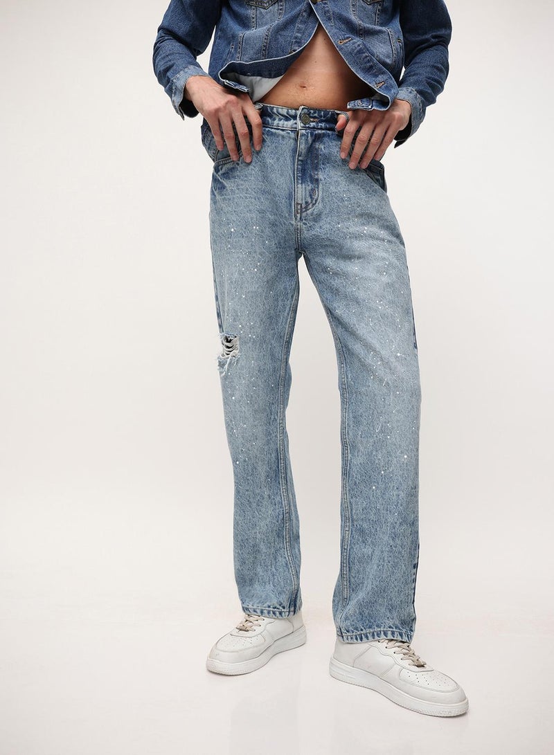 Dennis Lingo Blue 100% Cotton Washed Pattern Straight Fit Denim Jeans For Men - Image 2