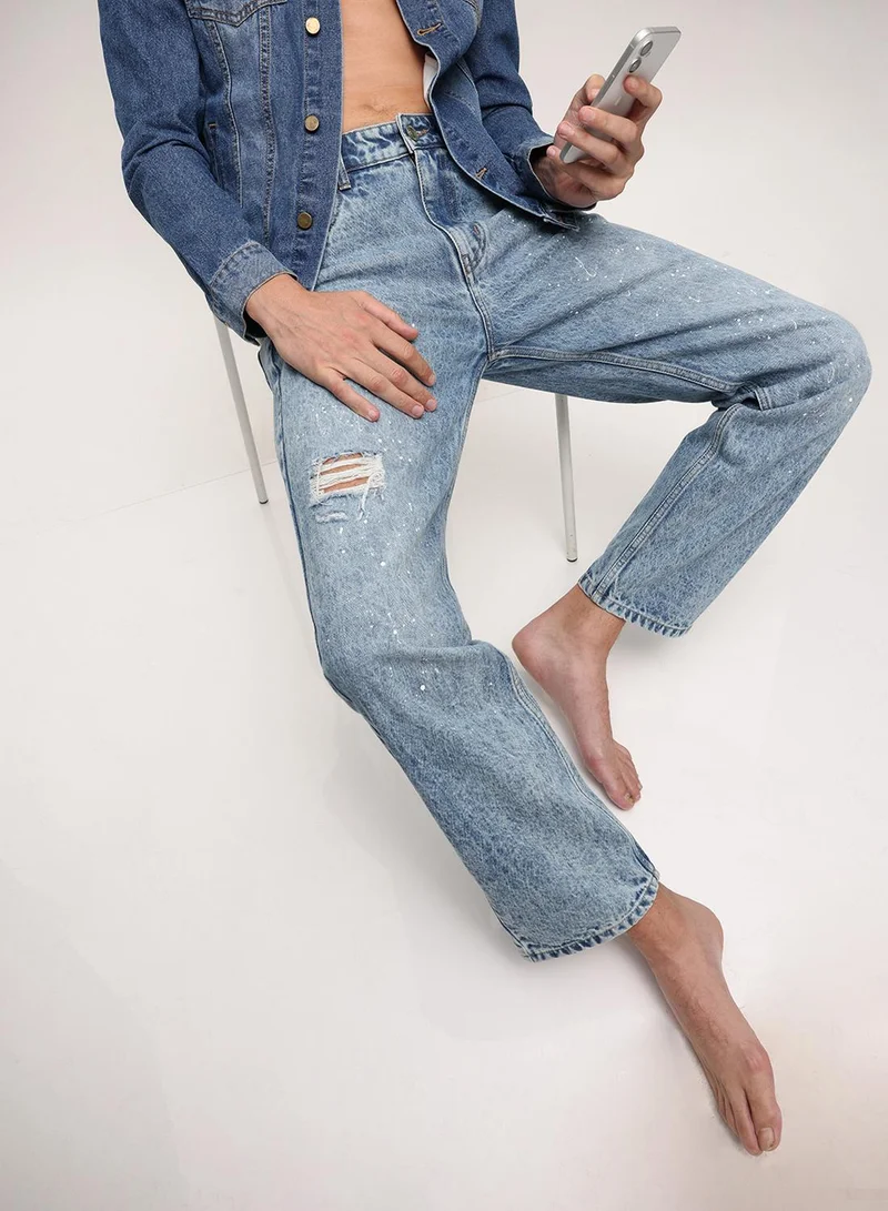 Blue 100% Cotton Washed Pattern Straight Fit Denim Jeans For Men