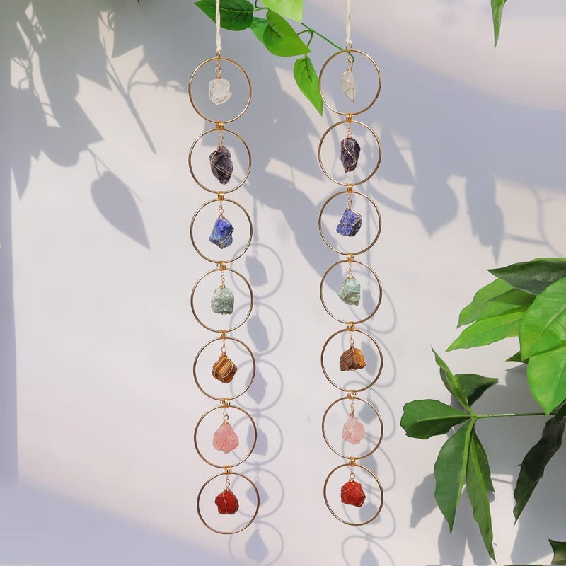 Pozbee 7 Chakra Crystal Hanging Ornament, Unique, Spiritual Boho Wall Decor, Raw Chakra Stones Amethyst Suncatcher, Rose Quartz Healing Crystal (Gold) - Image 2