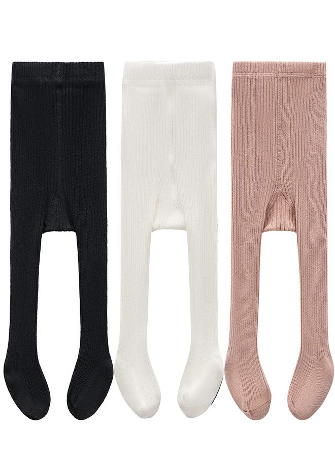 CECORC Baby Tights – Thick Toddlers Girl Leggings–Seamless Cable Knit Cotton Stockings – Infants Pantyhose 3 Pack, 0-6 Months, White+Black+Lightpink - Image 1